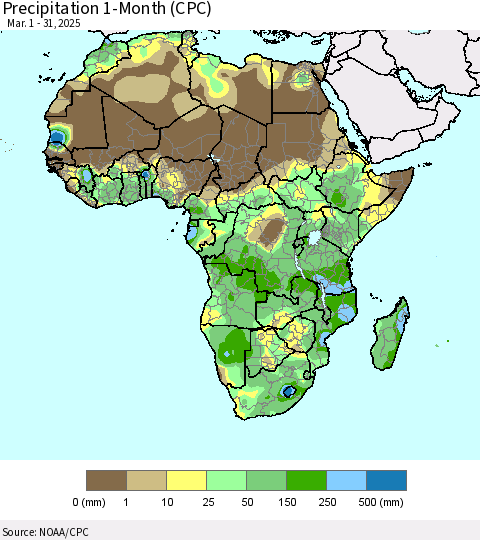 Africa Precipitation 1-Month (CPC) Thematic Map For 3/1/2025 - 3/31/2025