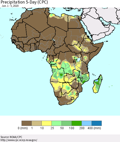 Africa Precipitation 5-Day (CPC) Thematic Map For 1/1/2020 - 1/5/2020