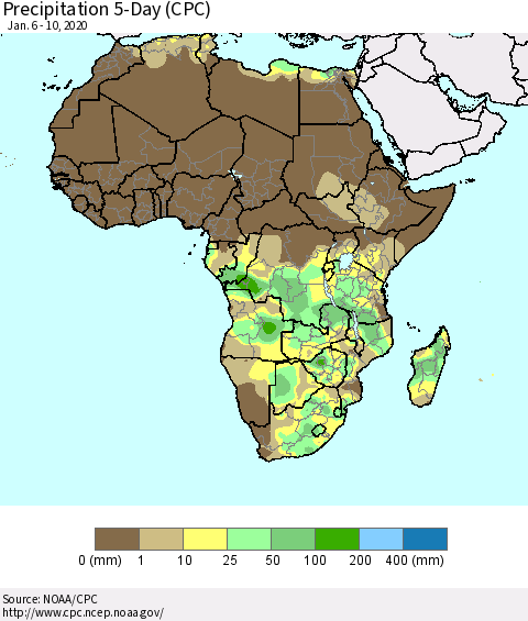 Africa Precipitation 5-Day (CPC) Thematic Map For 1/6/2020 - 1/10/2020