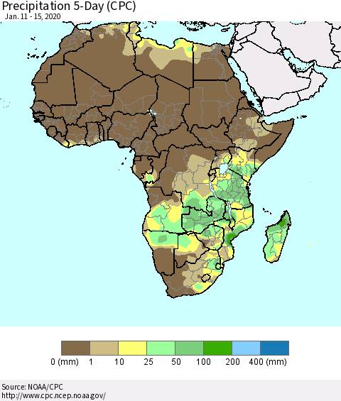Africa Precipitation 5-Day (CPC) Thematic Map For 1/11/2020 - 1/15/2020