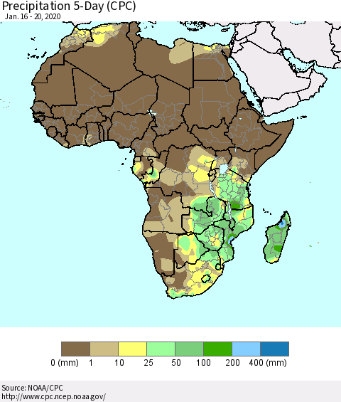 Africa Precipitation 5-Day (CPC) Thematic Map For 1/16/2020 - 1/20/2020