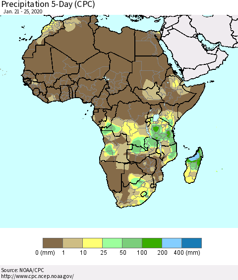 Africa Precipitation 5-Day (CPC) Thematic Map For 1/21/2020 - 1/25/2020