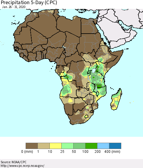 Africa Precipitation 5-Day (CPC) Thematic Map For 1/26/2020 - 1/31/2020