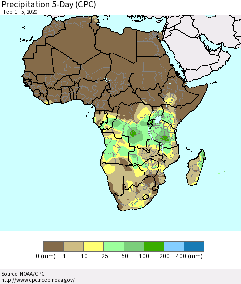 Africa Precipitation 5-Day (CPC) Thematic Map For 2/1/2020 - 2/5/2020