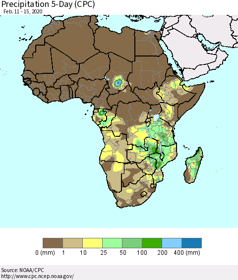 Africa Precipitation 5-Day (CPC) Thematic Map For 2/11/2020 - 2/15/2020