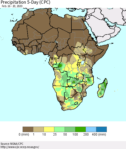 Africa Precipitation 5-Day (CPC) Thematic Map For 2/16/2020 - 2/20/2020