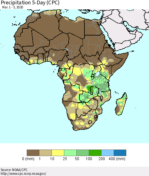 Africa Precipitation 5-Day (CPC) Thematic Map For 3/1/2020 - 3/5/2020
