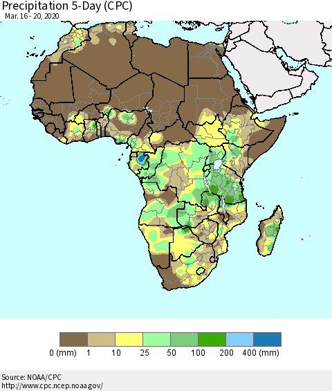 Africa Precipitation 5-Day (CPC) Thematic Map For 3/16/2020 - 3/20/2020