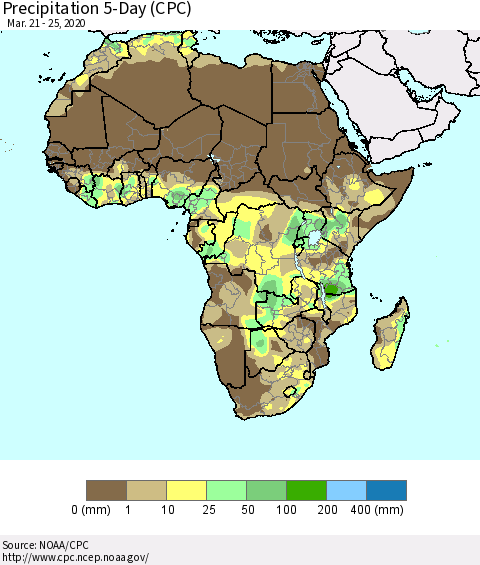 Africa Precipitation 5-Day (CPC) Thematic Map For 3/21/2020 - 3/25/2020