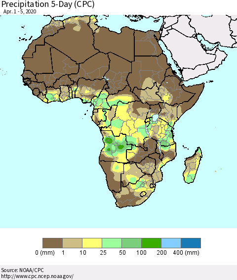 Africa Precipitation 5-Day (CPC) Thematic Map For 4/1/2020 - 4/5/2020