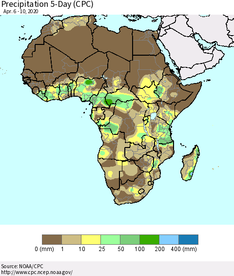 Africa Precipitation 5-Day (CPC) Thematic Map For 4/6/2020 - 4/10/2020