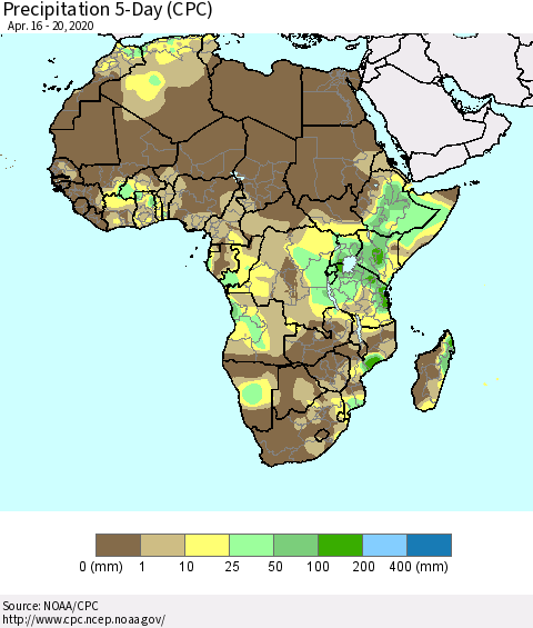 Africa Precipitation 5-Day (CPC) Thematic Map For 4/16/2020 - 4/20/2020