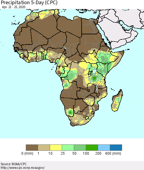 Africa Precipitation 5-Day (CPC) Thematic Map For 4/21/2020 - 4/25/2020