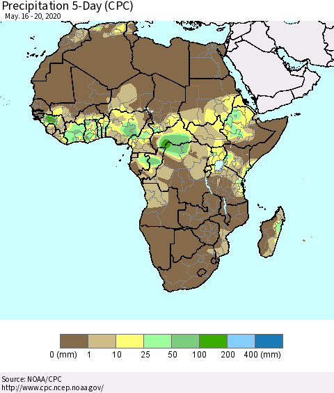 Africa Precipitation 5-Day (CPC) Thematic Map For 5/16/2020 - 5/20/2020