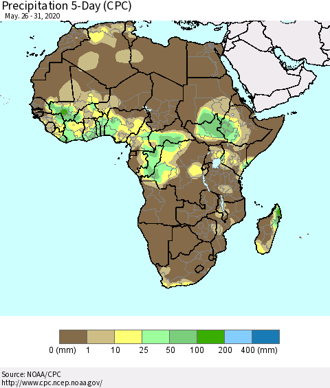 Africa Precipitation 5-Day (CPC) Thematic Map For 5/26/2020 - 5/31/2020