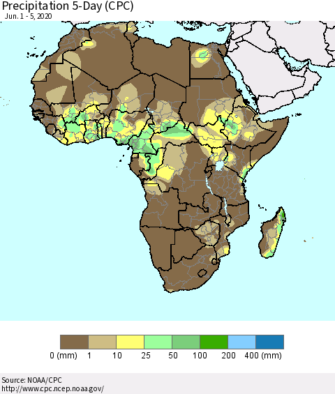 Africa Precipitation 5-Day (CPC) Thematic Map For 6/1/2020 - 6/5/2020