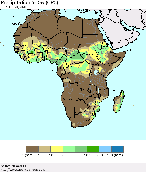 Africa Precipitation 5-Day (CPC) Thematic Map For 6/16/2020 - 6/20/2020