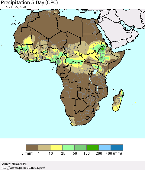 Africa Precipitation 5-Day (CPC) Thematic Map For 6/21/2020 - 6/25/2020