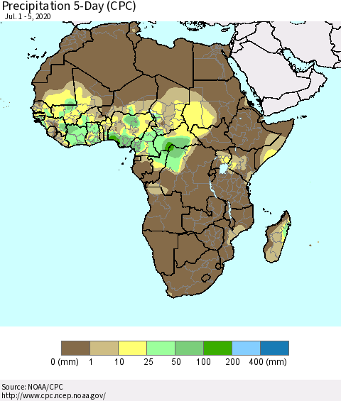 Africa Precipitation 5-Day (CPC) Thematic Map For 7/1/2020 - 7/5/2020
