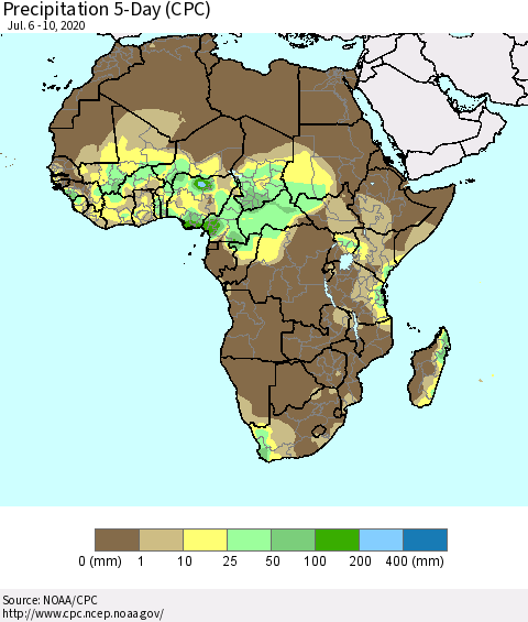 Africa Precipitation 5-Day (CPC) Thematic Map For 7/6/2020 - 7/10/2020