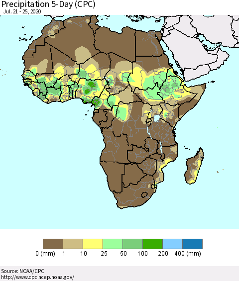 Africa Precipitation 5-Day (CPC) Thematic Map For 7/21/2020 - 7/25/2020