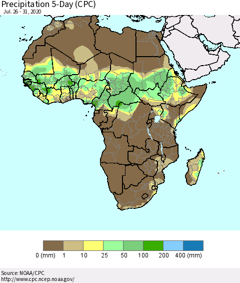 Africa Precipitation 5-Day (CPC) Thematic Map For 7/26/2020 - 7/31/2020