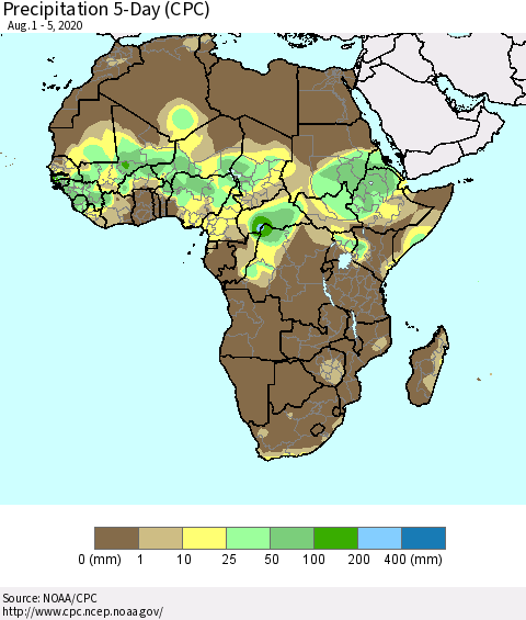 Africa Precipitation 5-Day (CPC) Thematic Map For 8/1/2020 - 8/5/2020