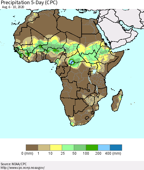 Africa Precipitation 5-Day (CPC) Thematic Map For 8/6/2020 - 8/10/2020