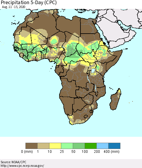 Africa Precipitation 5-Day (CPC) Thematic Map For 8/11/2020 - 8/15/2020