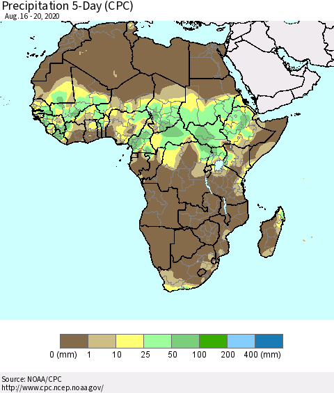 Africa Precipitation 5-Day (CPC) Thematic Map For 8/16/2020 - 8/20/2020