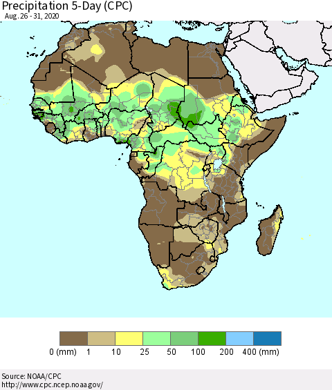 Africa Precipitation 5-Day (CPC) Thematic Map For 8/26/2020 - 8/31/2020