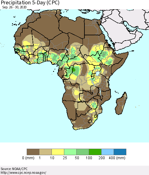 Africa Precipitation 5-Day (CPC) Thematic Map For 9/26/2020 - 9/30/2020