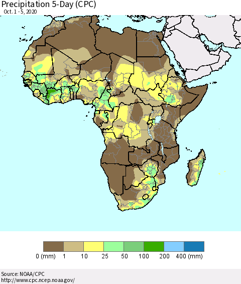 Africa Precipitation 5-Day (CPC) Thematic Map For 10/1/2020 - 10/5/2020