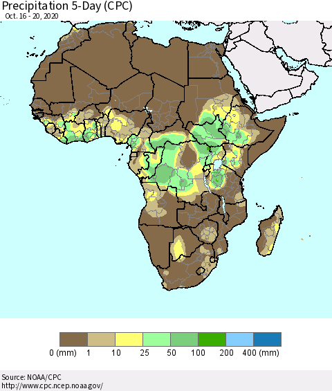 Africa Precipitation 5-Day (CPC) Thematic Map For 10/16/2020 - 10/20/2020