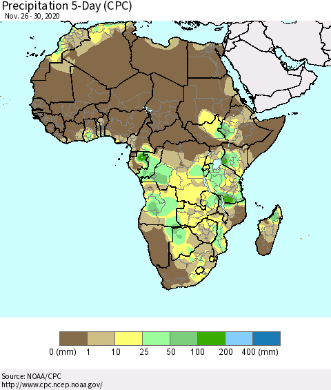 Africa Precipitation 5-Day (CPC) Thematic Map For 11/26/2020 - 11/30/2020