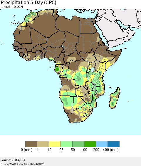 Africa Precipitation 5-Day (CPC) Thematic Map For 1/6/2021 - 1/10/2021