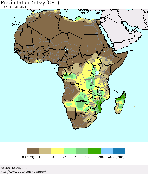 Africa Precipitation 5-Day (CPC) Thematic Map For 1/16/2021 - 1/20/2021
