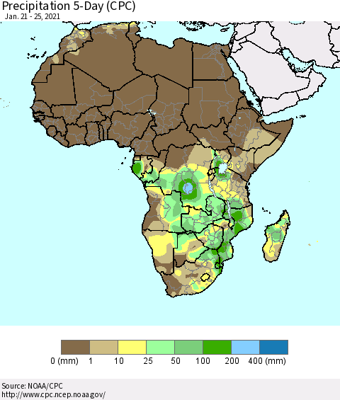 Africa Precipitation 5-Day (CPC) Thematic Map For 1/21/2021 - 1/25/2021