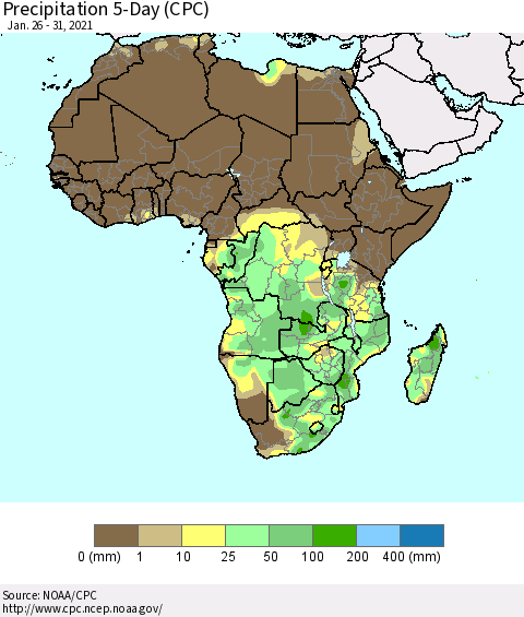 Africa Precipitation 5-Day (CPC) Thematic Map For 1/26/2021 - 1/31/2021
