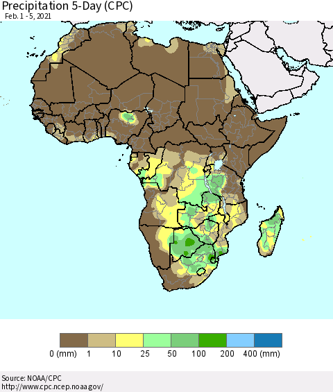 Africa Precipitation 5-Day (CPC) Thematic Map For 2/1/2021 - 2/5/2021