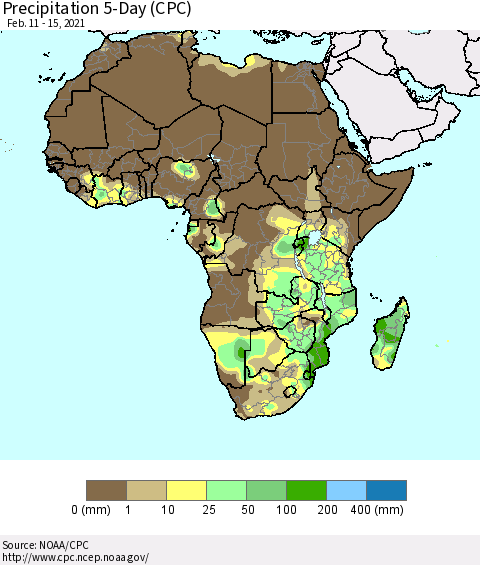 Africa Precipitation 5-Day (CPC) Thematic Map For 2/11/2021 - 2/15/2021