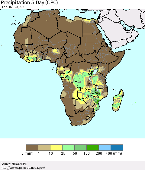 Africa Precipitation 5-Day (CPC) Thematic Map For 2/16/2021 - 2/20/2021