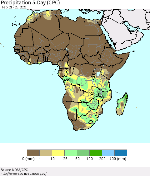 Africa Precipitation 5-Day (CPC) Thematic Map For 2/21/2021 - 2/25/2021