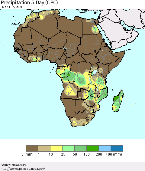 Africa Precipitation 5-Day (CPC) Thematic Map For 3/1/2021 - 3/5/2021