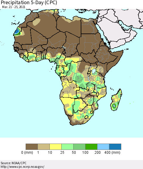 Africa Precipitation 5-Day (CPC) Thematic Map For 3/21/2021 - 3/25/2021