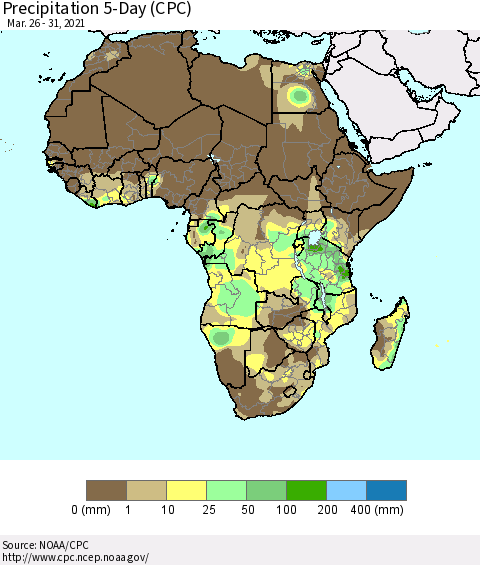 Africa Precipitation 5-Day (CPC) Thematic Map For 3/26/2021 - 3/31/2021