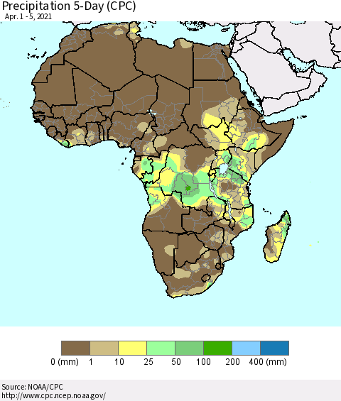 Africa Precipitation 5-Day (CPC) Thematic Map For 4/1/2021 - 4/5/2021