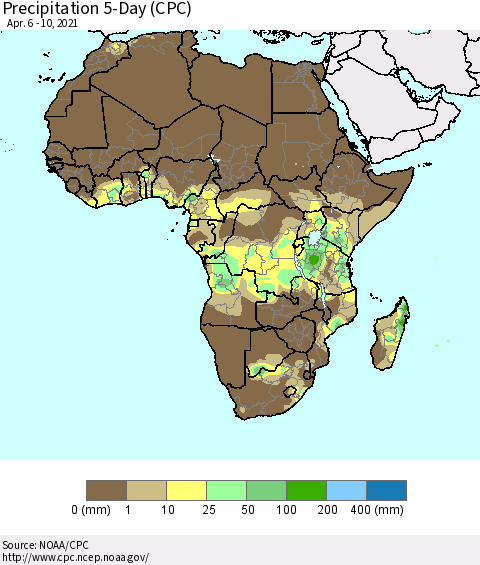 Africa Precipitation 5-Day (CPC) Thematic Map For 4/6/2021 - 4/10/2021