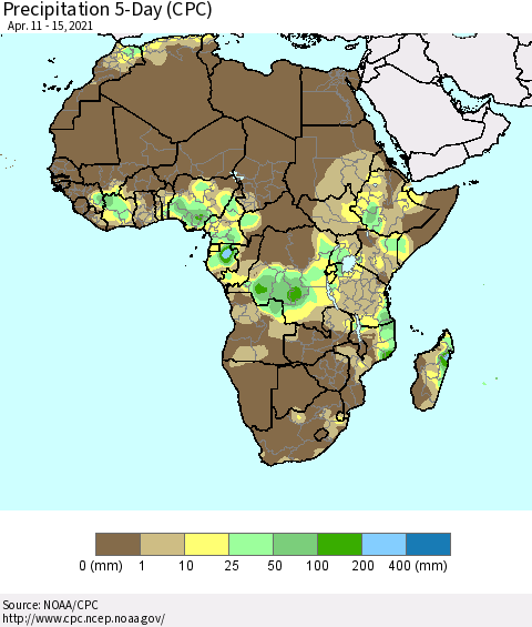 Africa Precipitation 5-Day (CPC) Thematic Map For 4/11/2021 - 4/15/2021