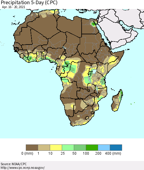 Africa Precipitation 5-Day (CPC) Thematic Map For 4/16/2021 - 4/20/2021
